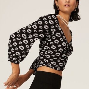 Hofmann Copenhagen Riva Top Blouse Black with Grey Lips Women’s Size 36 EU 4 US